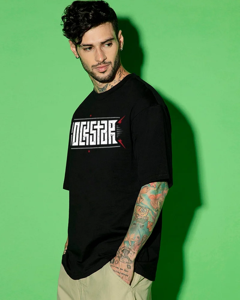 bewakoof Men's Jet Black Rockstar Typography Oversized T-shirt